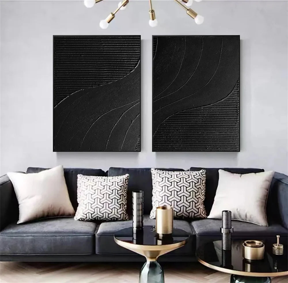 Black Minimalist Textured Canvas Art Set of 2 #WZ078