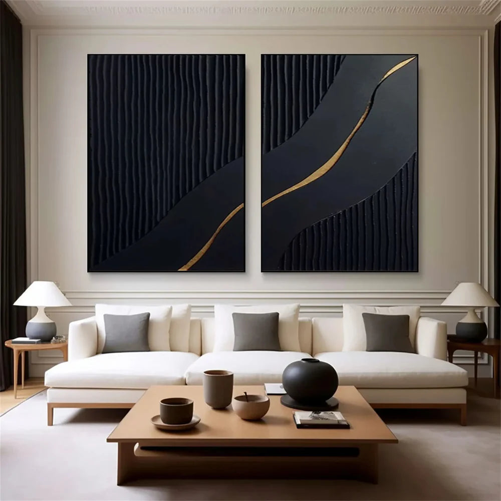 Black Minimalist Textured Canvas Art Set of 2 #WZ024