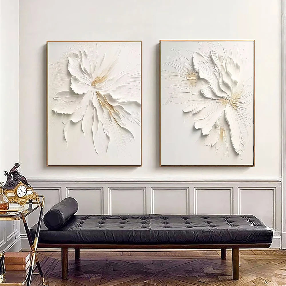 White Minimalist Flower And Tree Textured Canvas Art Set of 2 #MF067