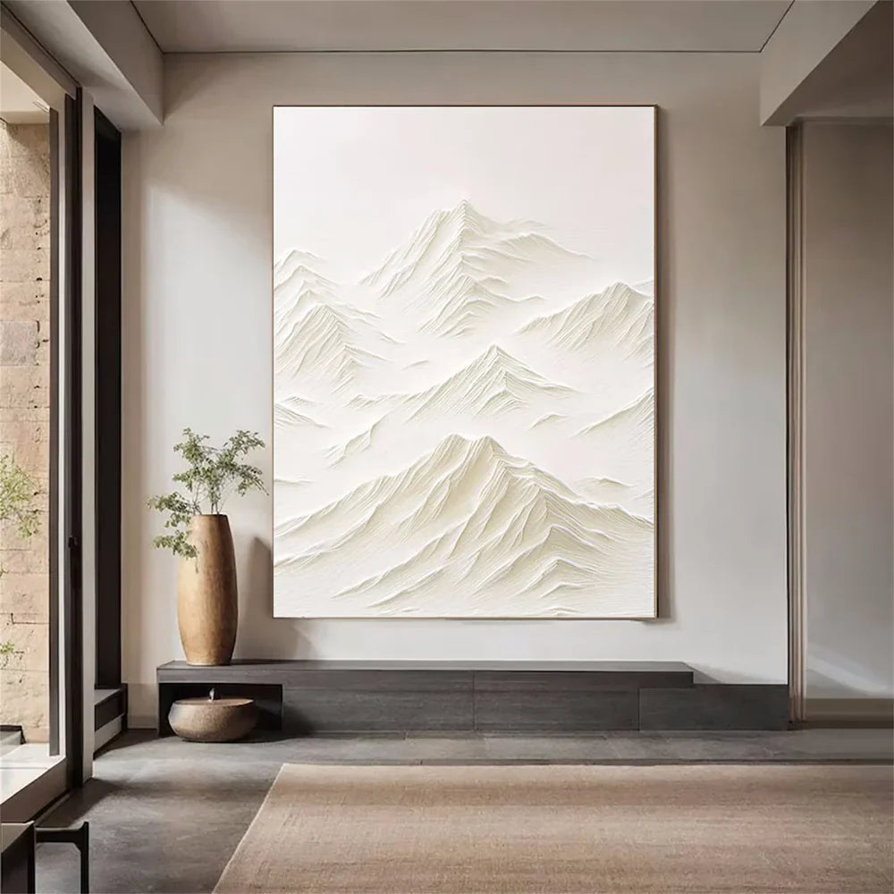 White Minimalist Mountain Textured Canvas Art #BT002