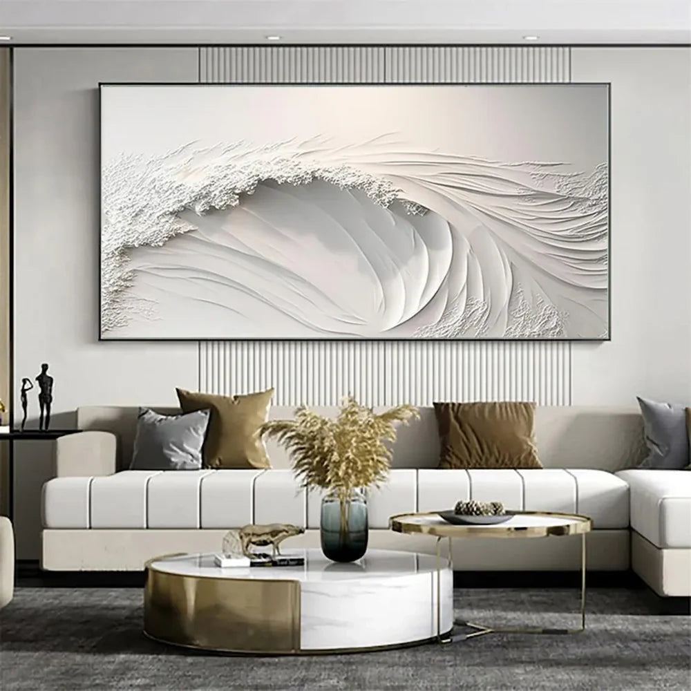White Minimalist Ocean And Sky Textured Canvas Art #OC007
