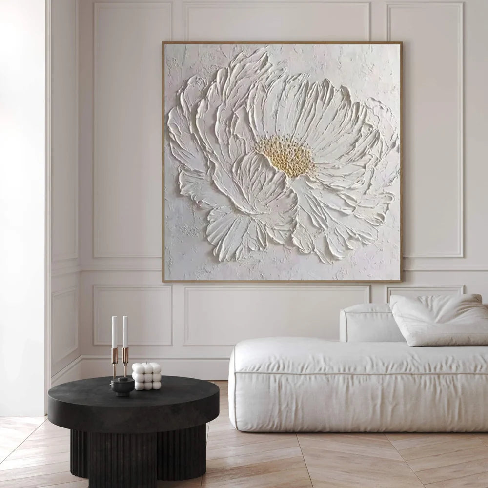 White Minimalist Flower And Tree Textured Canvas Art #MF074