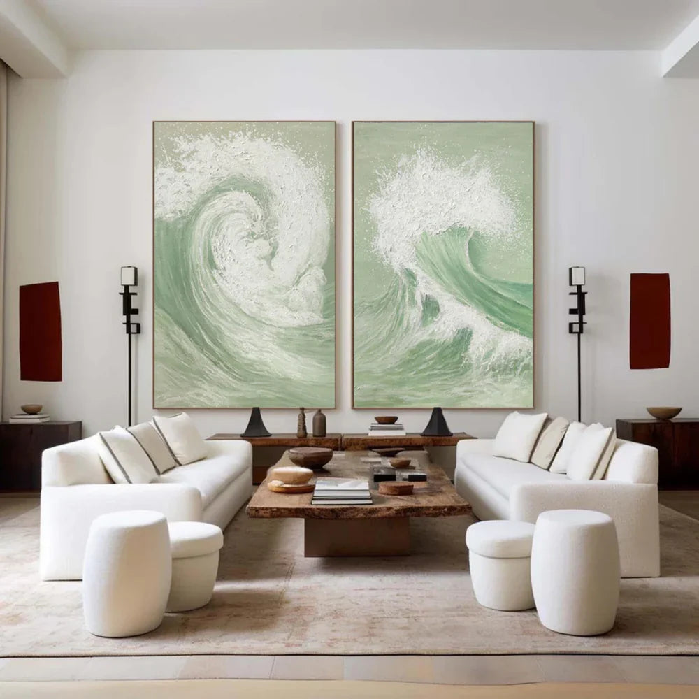 White & Green Minimalist Ocean And Sky Textured Set Of 2 Canvas Art #OC053
