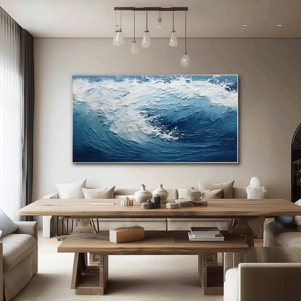 White & Blue Minimalist Ocean And Sky Textured Canvas Art #OC051