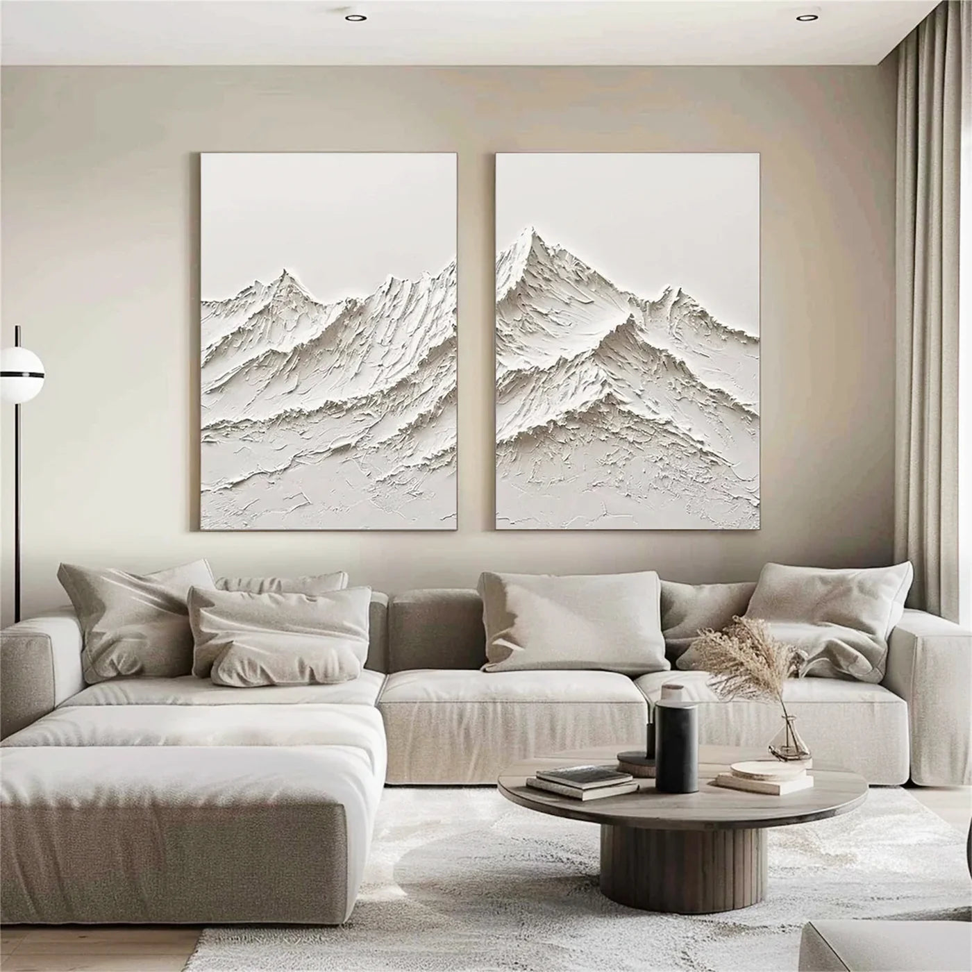 White Minimalist Mountain Textured Canvas Art Set of 2 #BT007