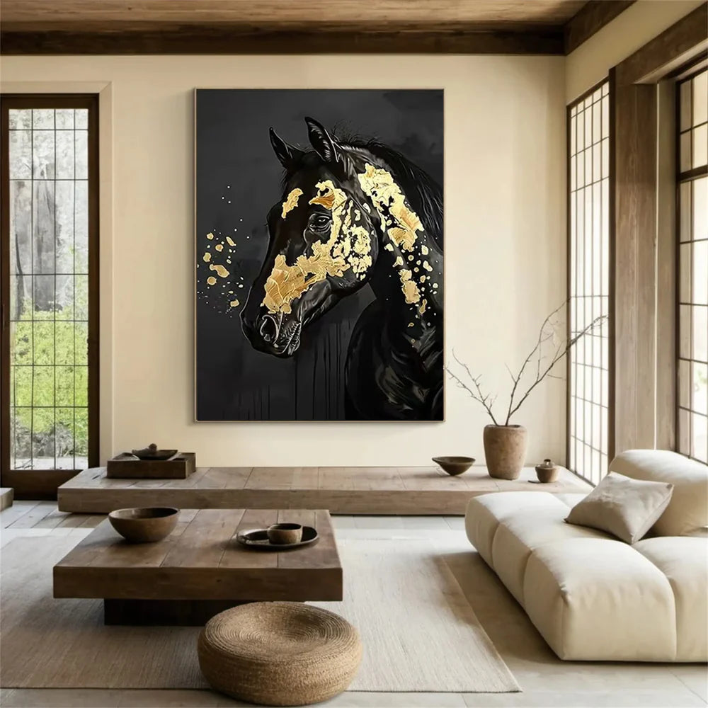 Black & Gold Abstract Animal Horse Canvas Art #DW059