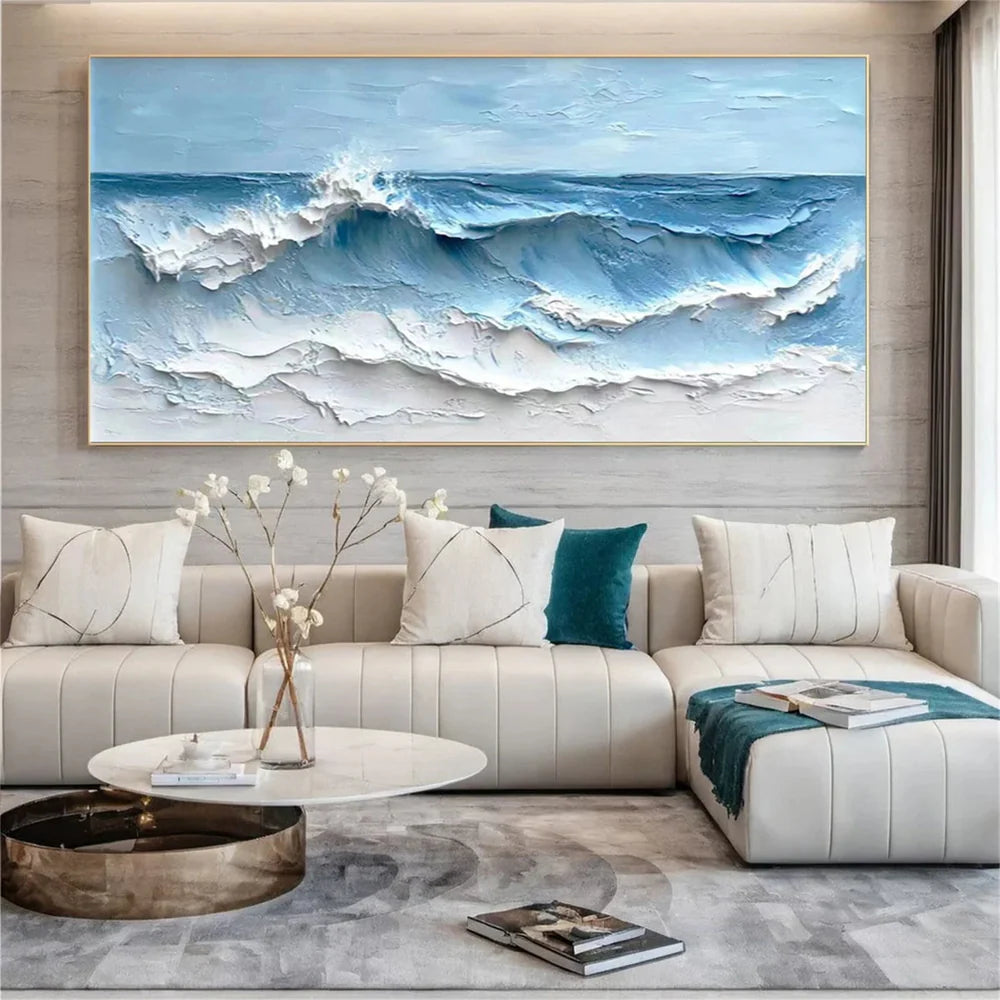 Blue & White Minimalist Ocean And Sky Textured Canvas Art # OC018