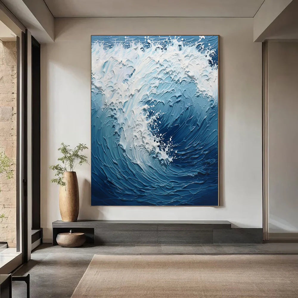 White & Blue Minimalist Ocean And Sky Textured Canvas Art #OC052