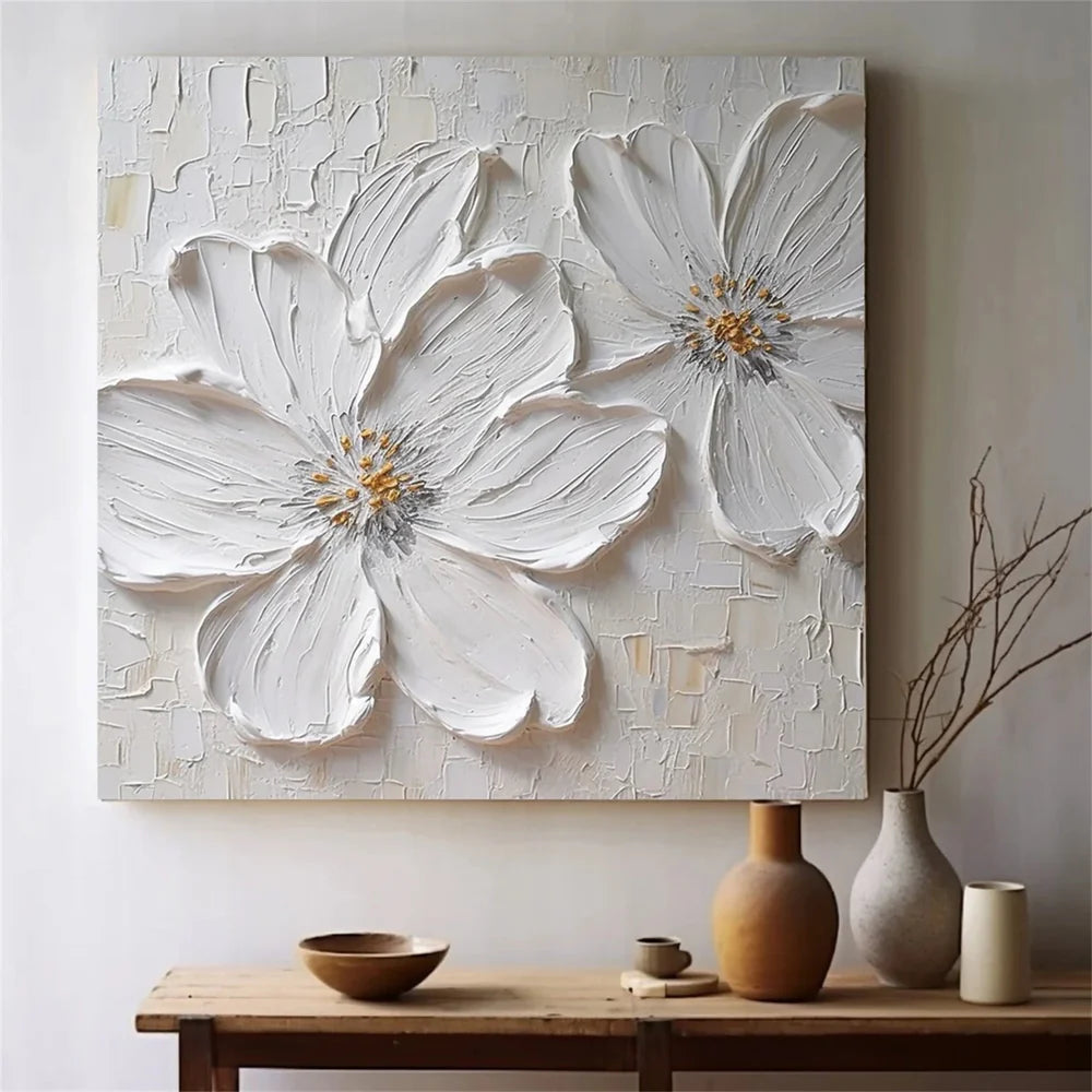 White Minimalist Flower And Tree Textured Canvas Art #MF072