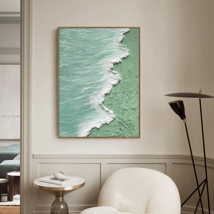 Green & White Minimalist Ocean And Sky Textured Canvas Art #OC044