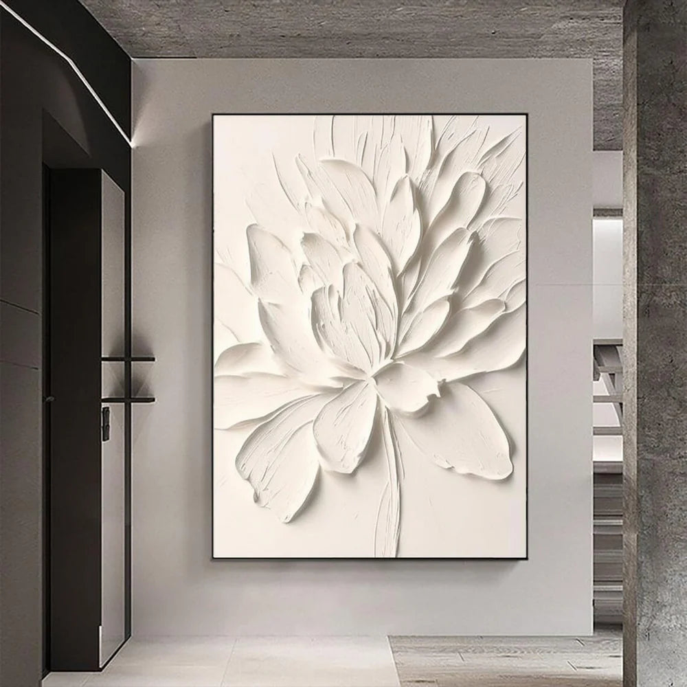 White Minimalist Flower And Tree Textured Canvas Art #MF022