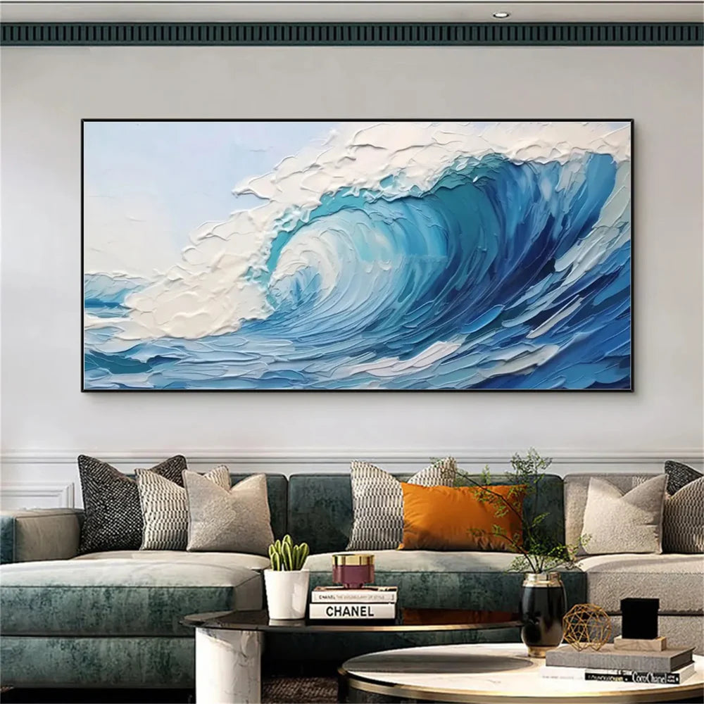Blue & White Minimalist Ocean And Sky Textured Canvas Art # OC019