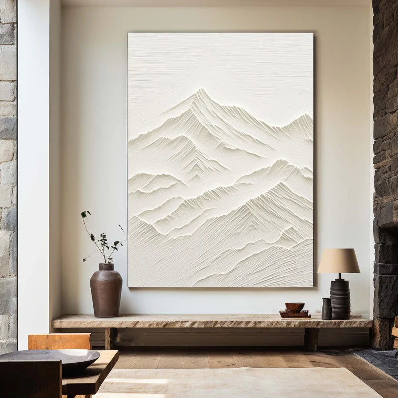 White Minimalist Mountain Textured Canvas Art #BT001