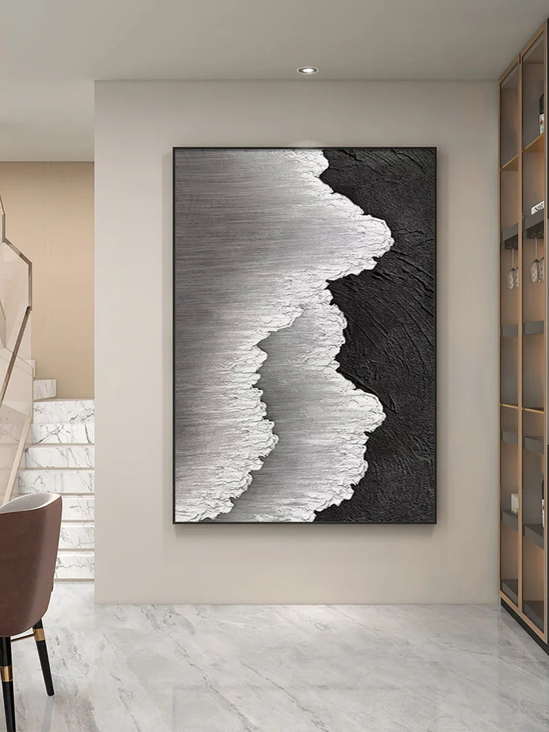 Black & White Minimalist Ocean And Sky Textured Canvas Art #OC043