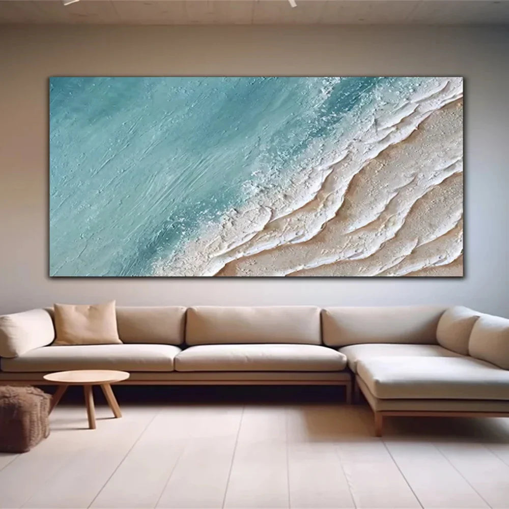 Blue & Beige Minimalist Ocean And Sky Textured Canvas Art # OC020