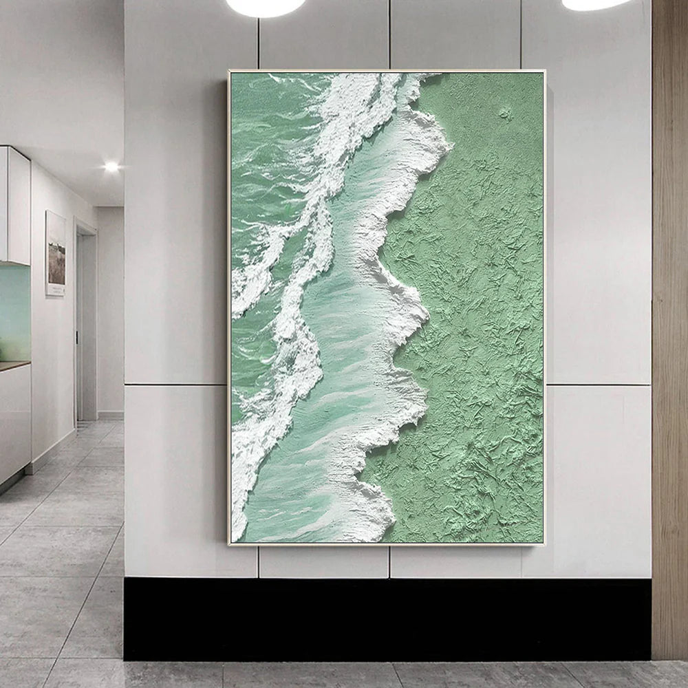 Green & White Minimalist Ocean And Sky Textured Canvas Art  #OC033