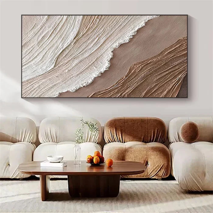 Beige & Brown Minimalist Ocean And Sky Textured Canvas Art  #OC026