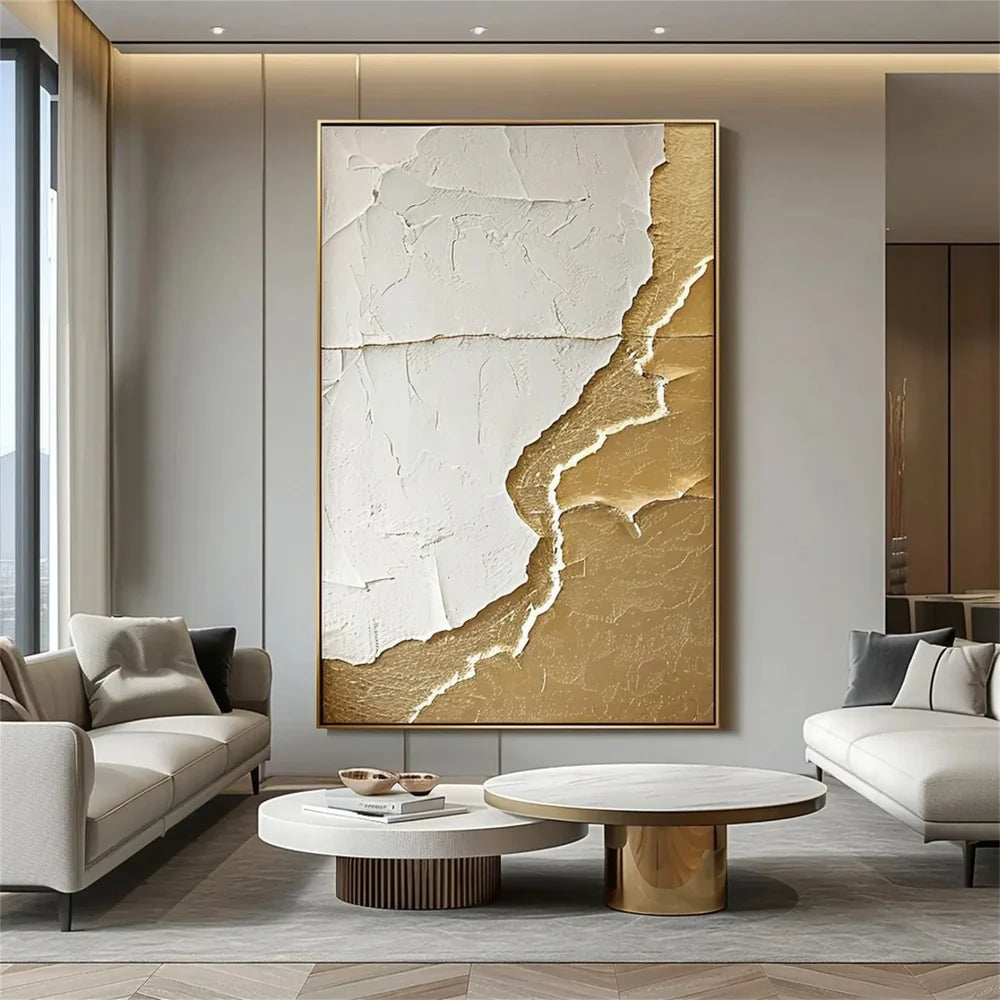 White and Gold Minimalist Textured Wall Art #WM052