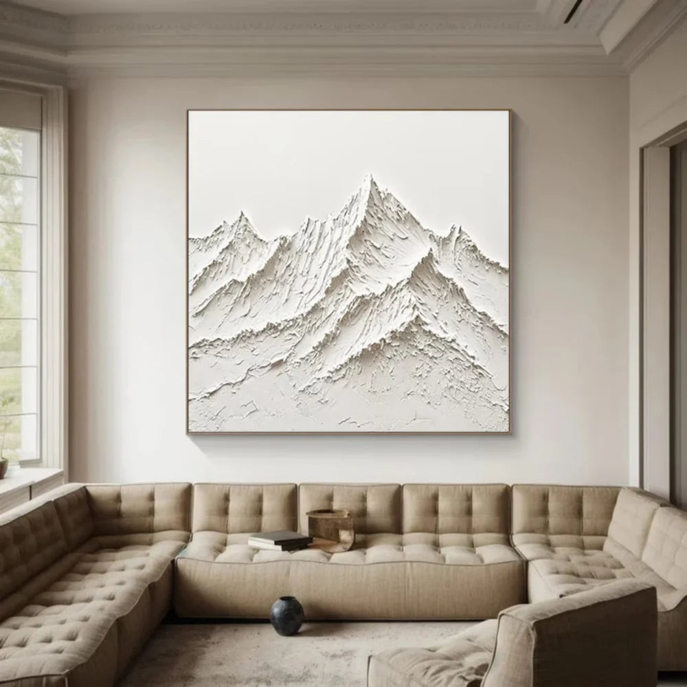 White Minimalist Mountain Textured Canvas Art #BT013