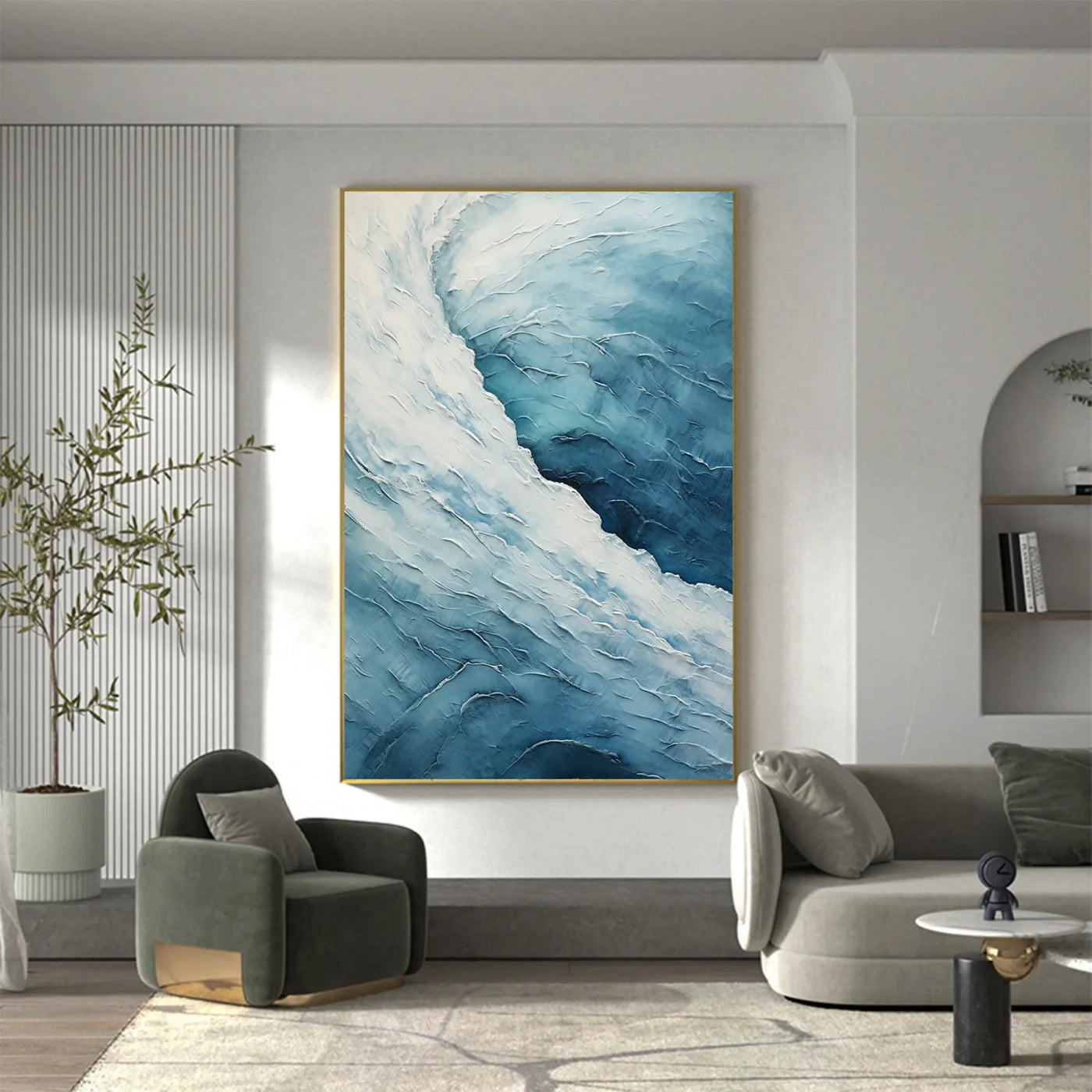 White & Blue Minimalist Ocean And Sky Textured Canvas Art #OC054