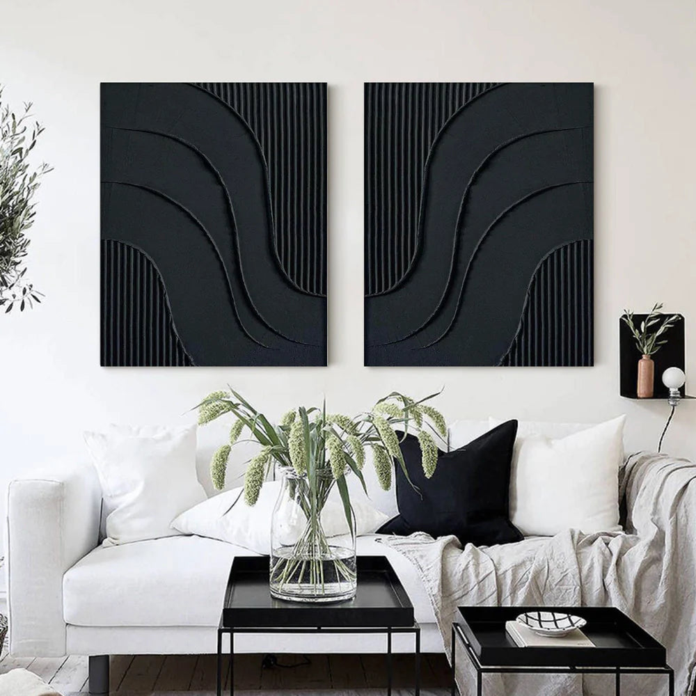 Black Minimalist Textured Canvas Art Set of 2 #WZ002