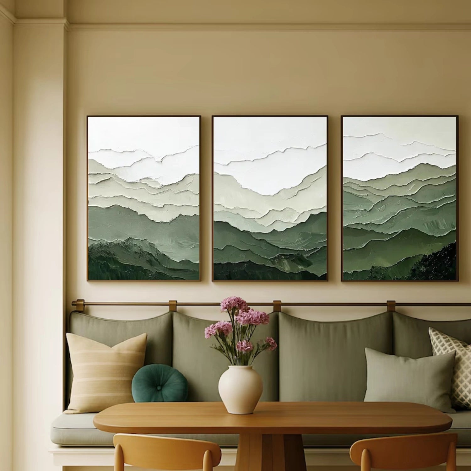 Green Minimalist Mountain Textured Canvas Art Set of 3 #BT074