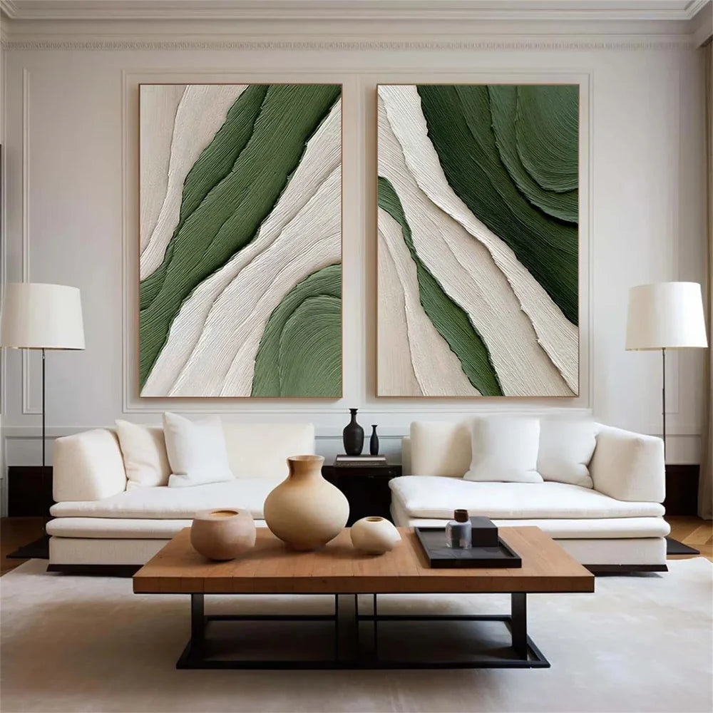 Green and White Minimalist Textured Wall Art Set of 2 #WM036