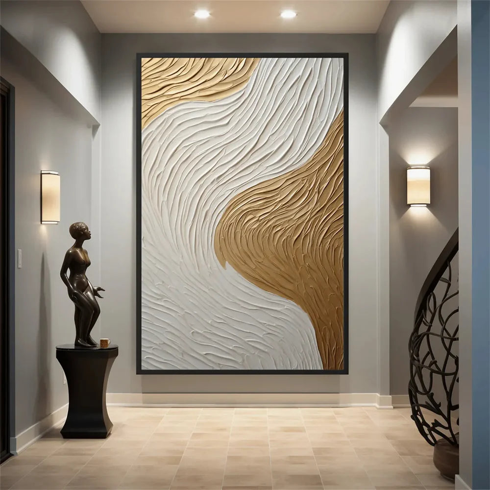White and Gold Minimalist Textured Wall Art #WM053