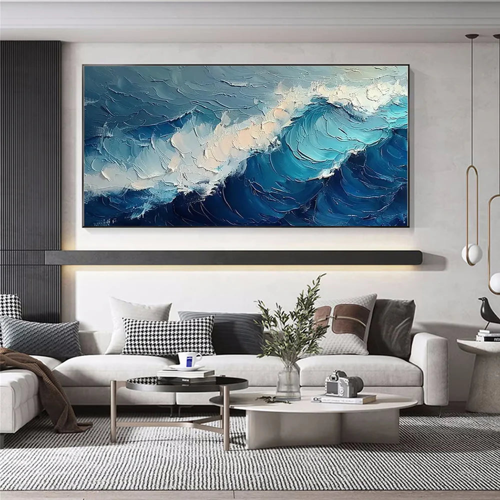 Blue & White Abstract Ocean And Sky Textured Canvas Art #OC072