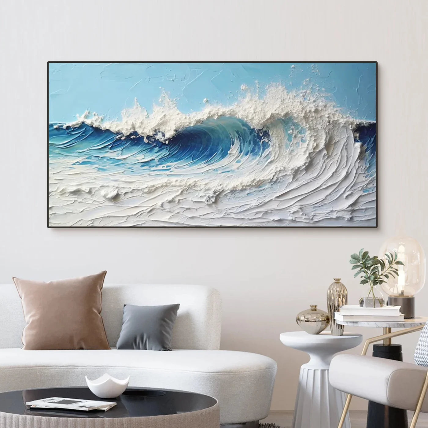 Blue & White Abstract Ocean And Sky Textured Canvas Art #OC061
