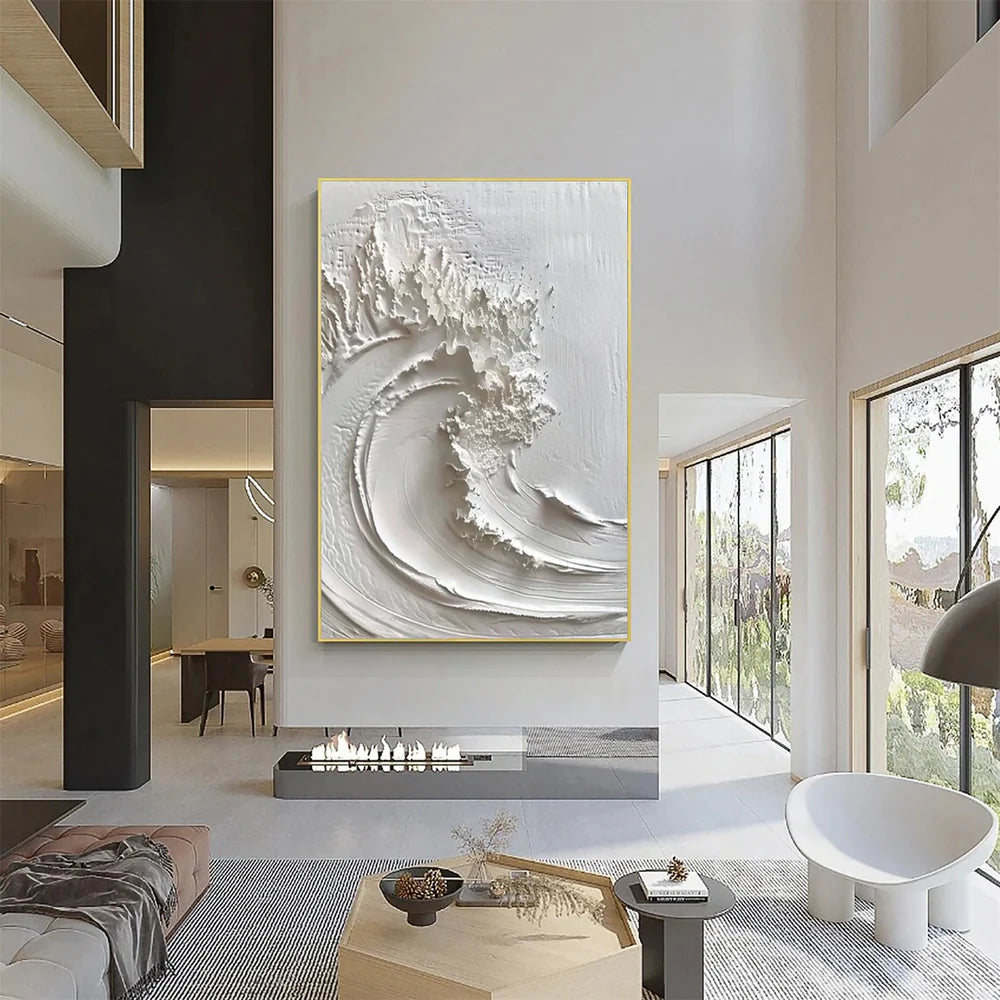 White Minimalist Ocean And Sky Textured Canvas Art  #OC028