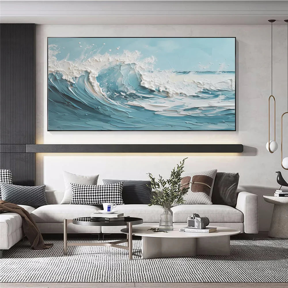 Blue & White Abstract Ocean And Sky Textured Canvas Art #OC071