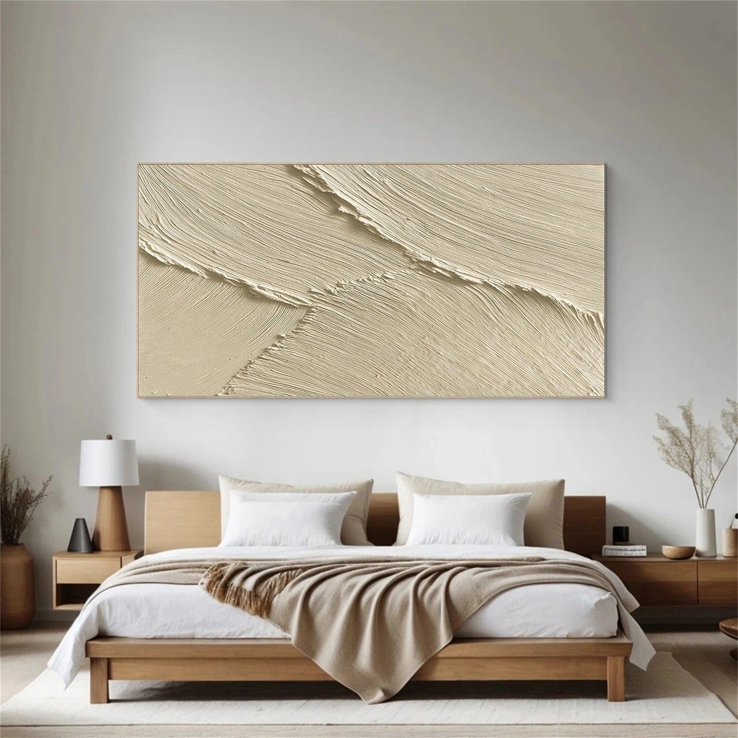 Beige Minimalist Ocean And Sky Textured Canvas Art #OC153