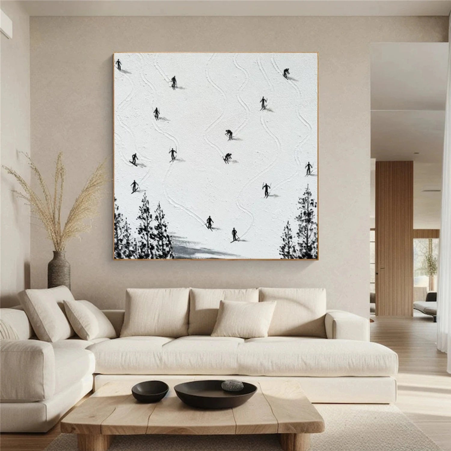 Black and White Skiing Sport Textured Canvas Painting #PB059