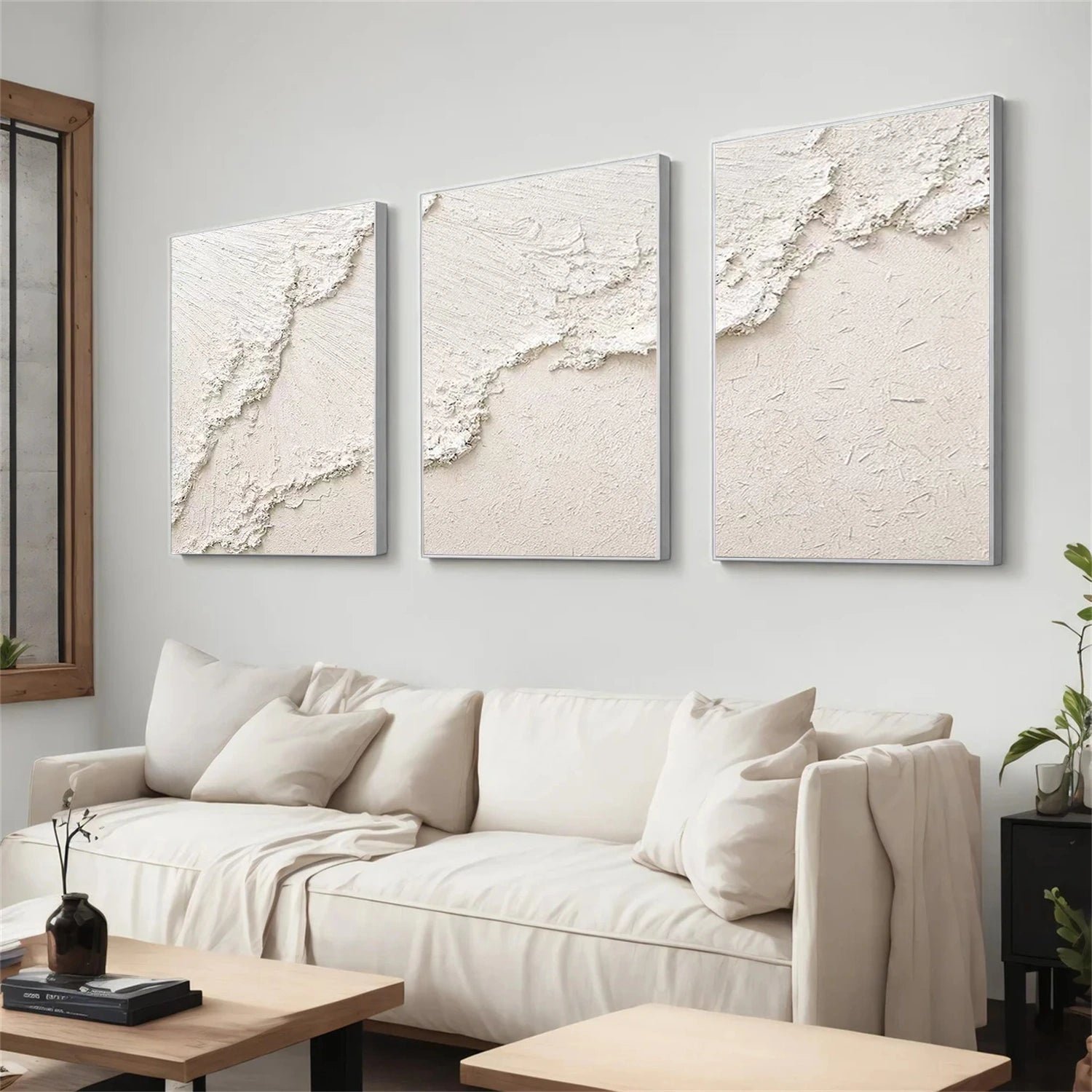 White Minimalist Ocean And Sky Textured Canvas Art Set of 3 #OC112