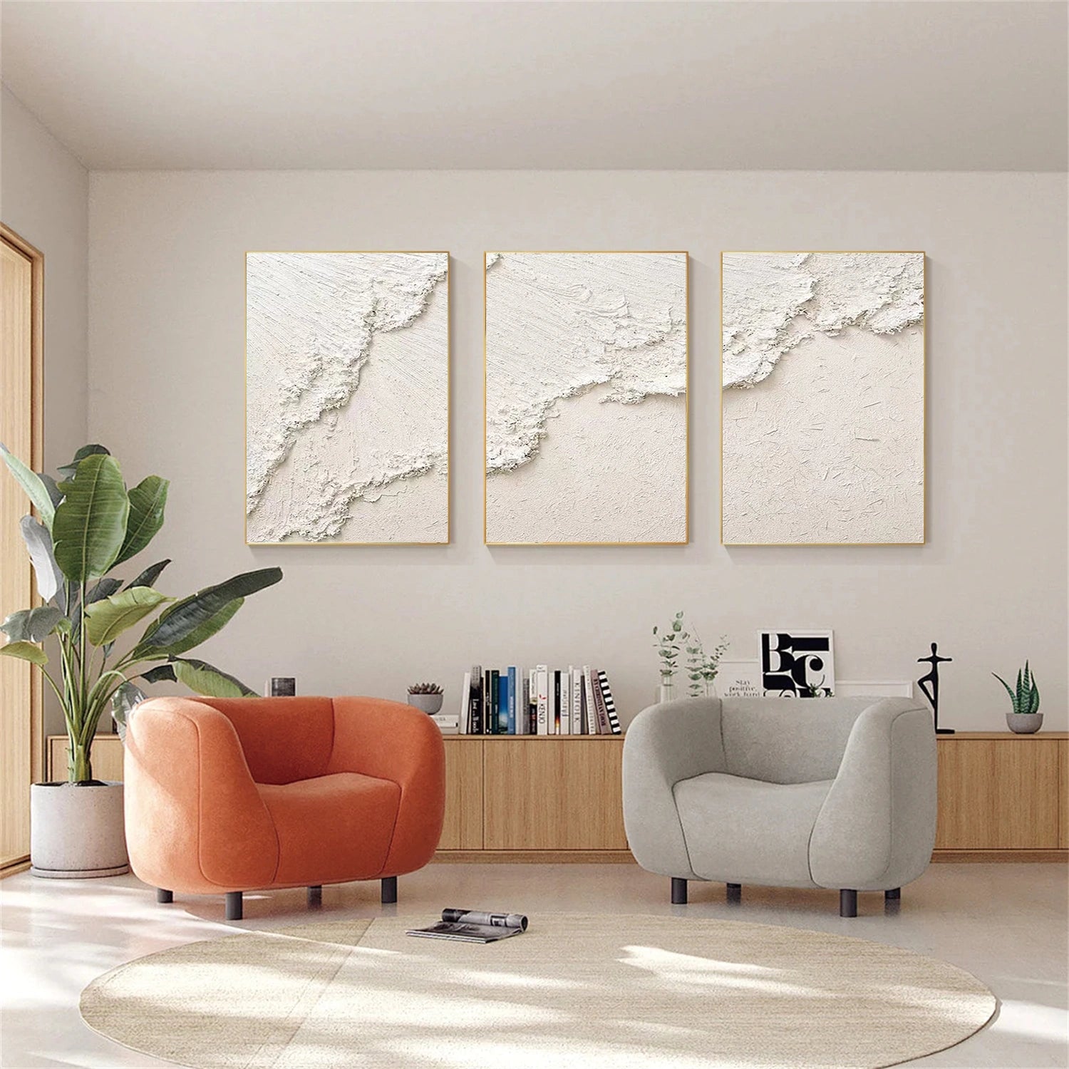 White Minimalist Ocean And Sky Textured Canvas Art Set of 3 #OC112