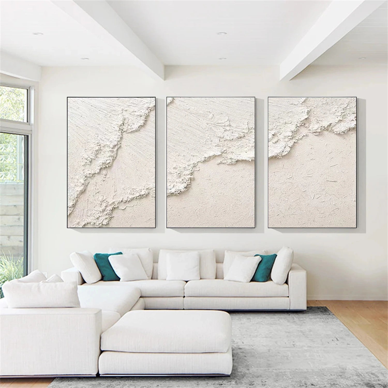 White Minimalist Ocean And Sky Textured Canvas Art Set of 3 #OC112