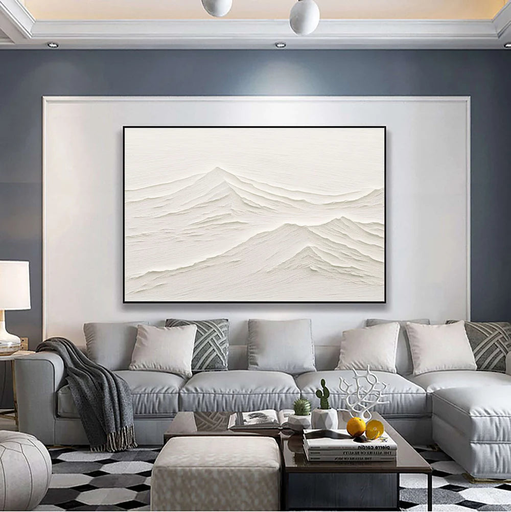 White Minimalist Mountain Textured Canvas Art #BT008