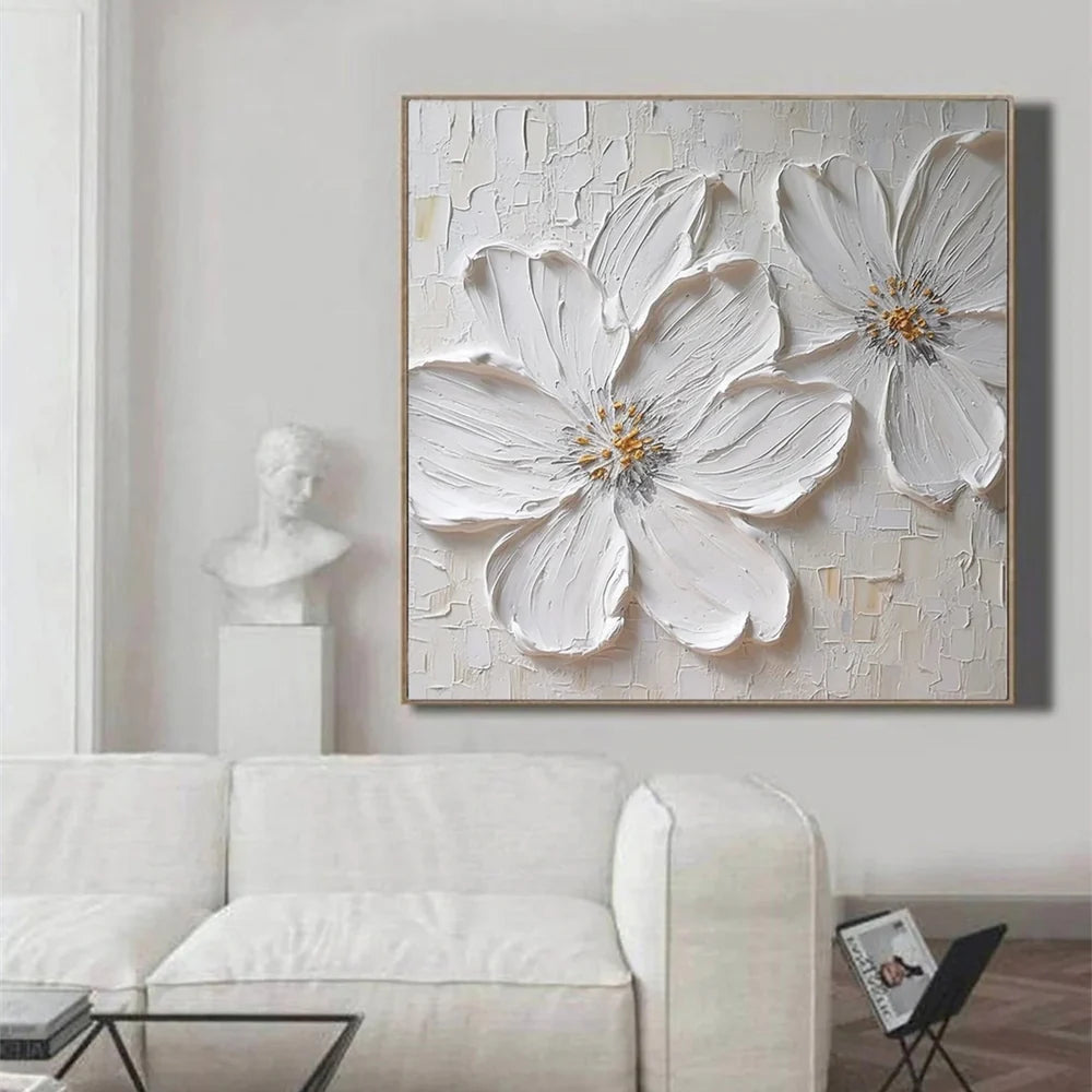 White Minimalist Flower And Tree Textured Canvas Art #MF072