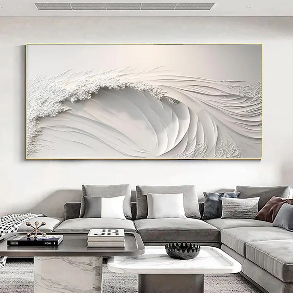White Minimalist Ocean And Sky Textured Canvas Art #OC007