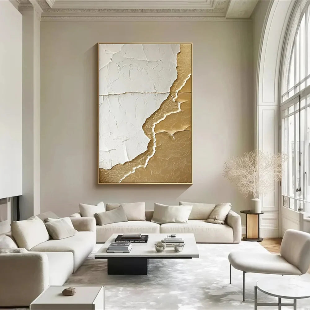 White and Gold Minimalist Textured Wall Art #WM052