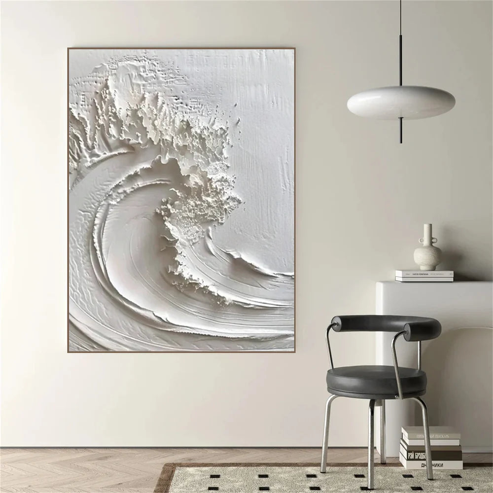 White Minimalist Ocean And Sky Textured Canvas Art  #OC028