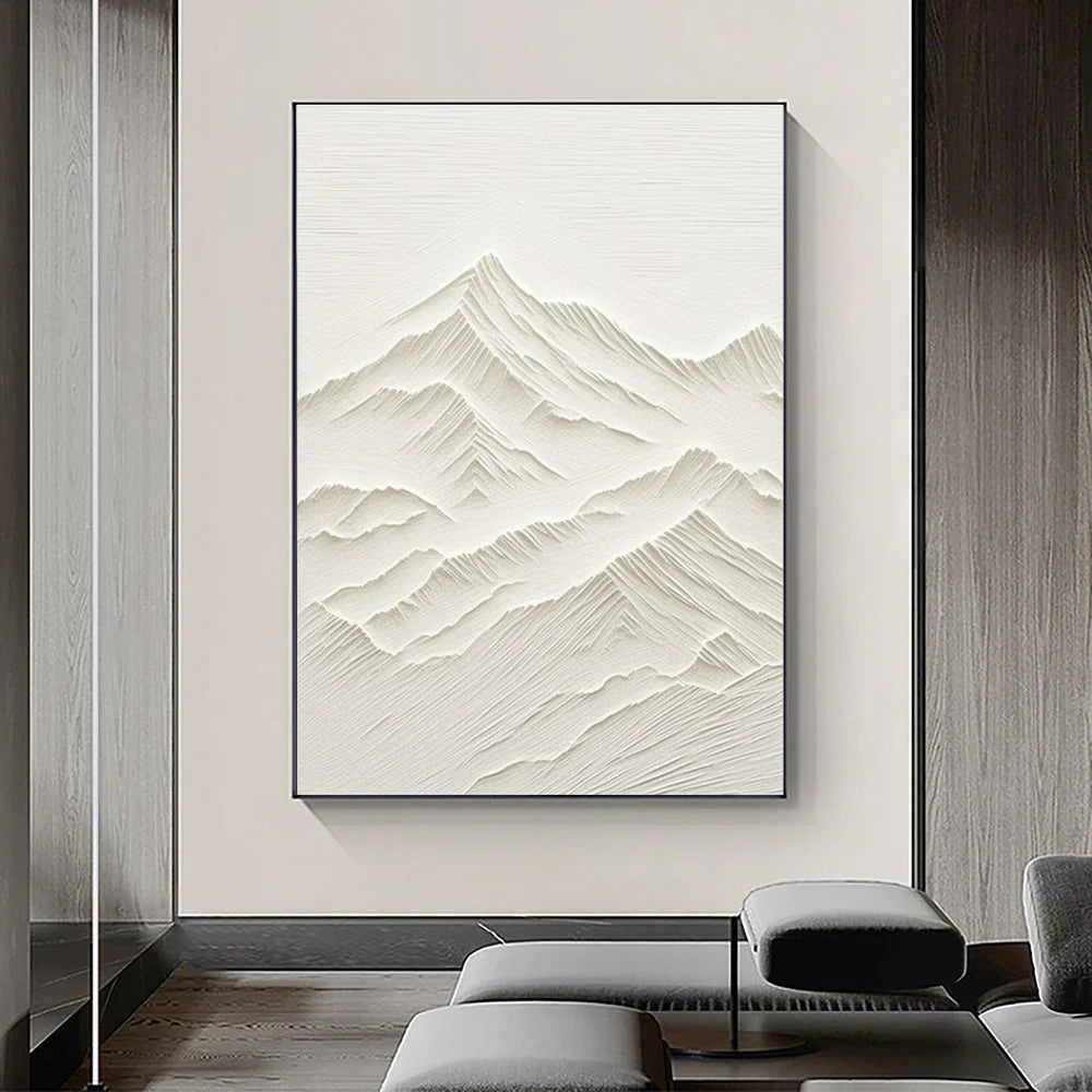 White Minimalist Mountain Textured Canvas Art #BT001