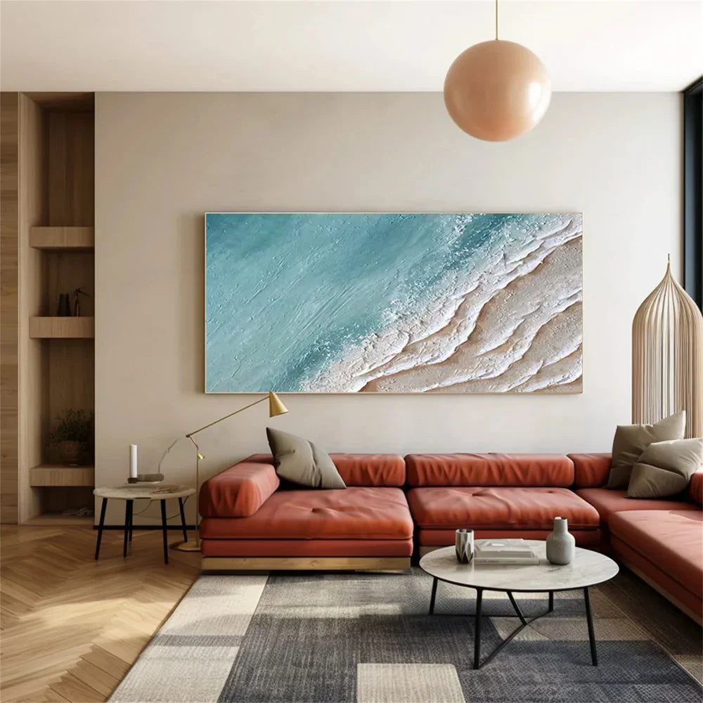 Blue & Beige Minimalist Ocean And Sky Textured Canvas Art # OC020