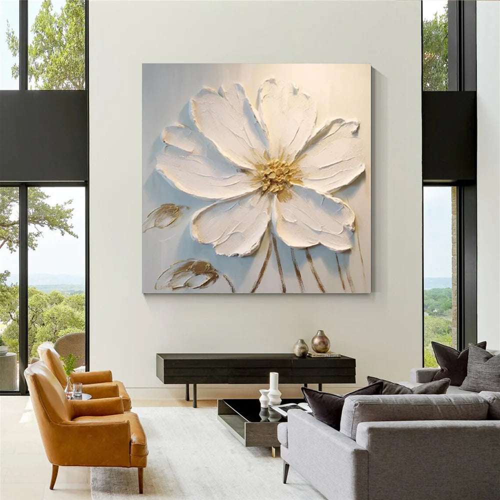 White Minimalist Flower And Tree Textured Canvas Art #MF017