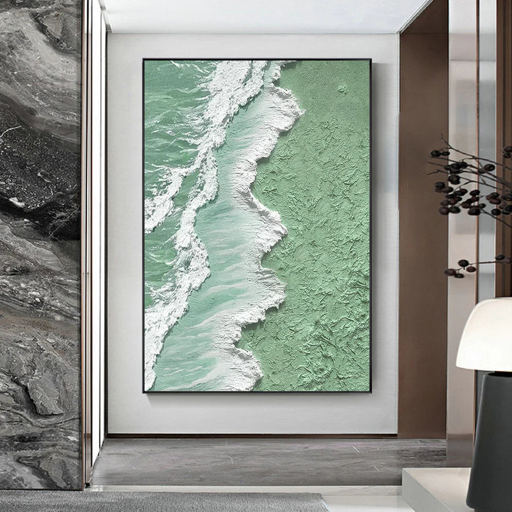 Green & White Minimalist Ocean And Sky Textured Canvas Art  #OC033