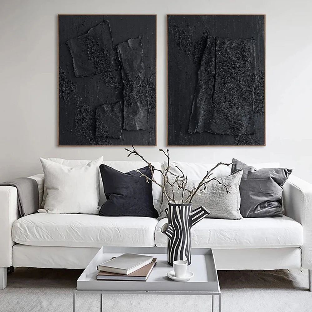 Black Minimalist Textured Canvas Art Set of 2 #WZ037
