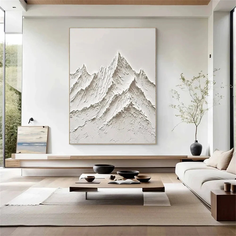 White Minimalist Mountain Textured Canvas Art #BT003