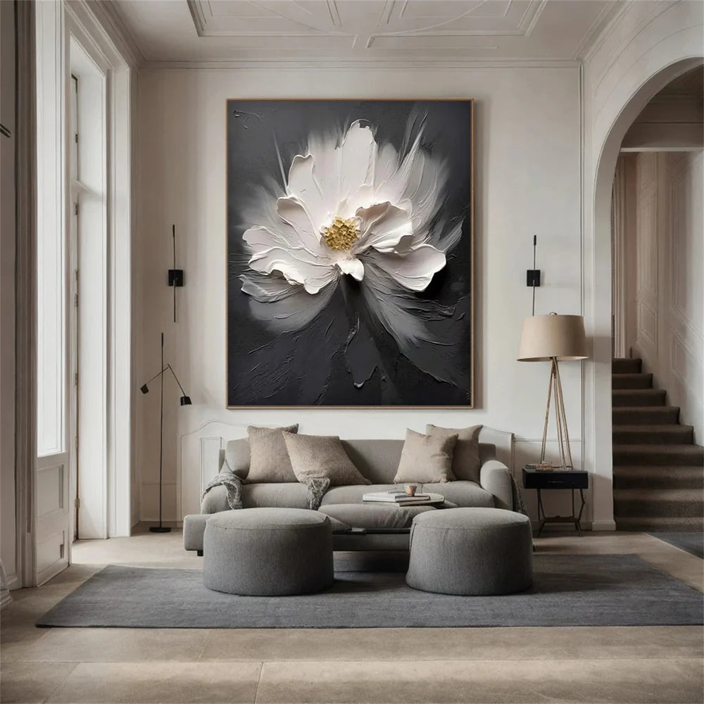 Black & White Minimalist Flower And Tree Textured Canvas Art #MF021