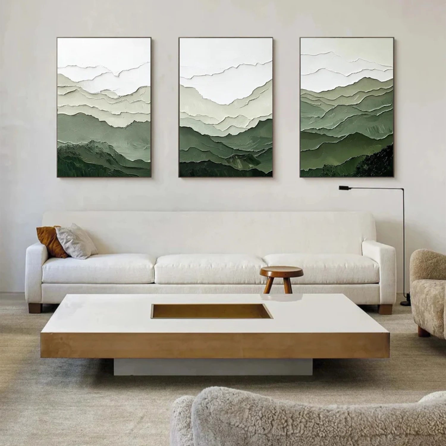 Green Minimalist Mountain Textured Canvas Art Set of 3 #BT074